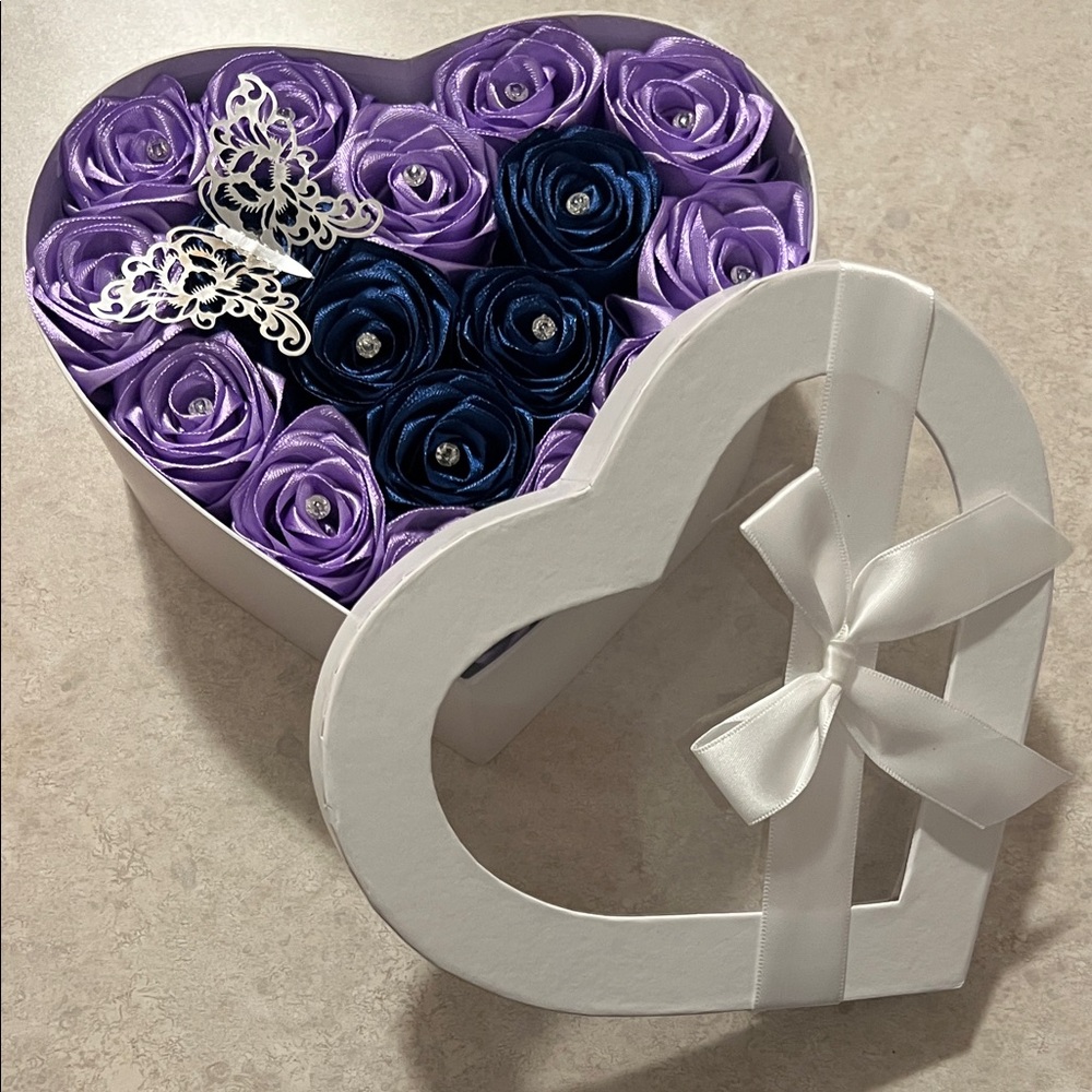 Heart-Shaped Box with Purple and Blue Roses